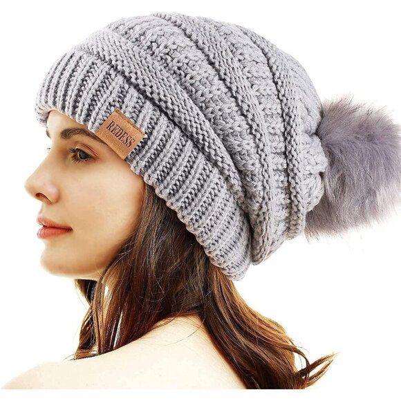 〽️Women light Grey Winter Pom Pom Beanie Hat with Warm Fleece Lined XL main image 5